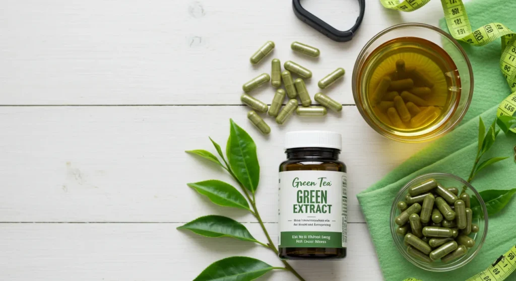 Flat lay of green tea extract capsules with a glass of green tea and fresh leaves, symbolizing natural weight loss and antioxidant green tea benefits.